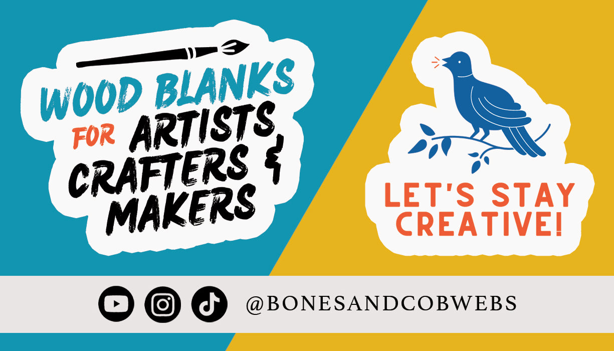 Promotional graphic for wood blanks for artists, crafters, and makers with a bird illustration and text on a two-tone background.