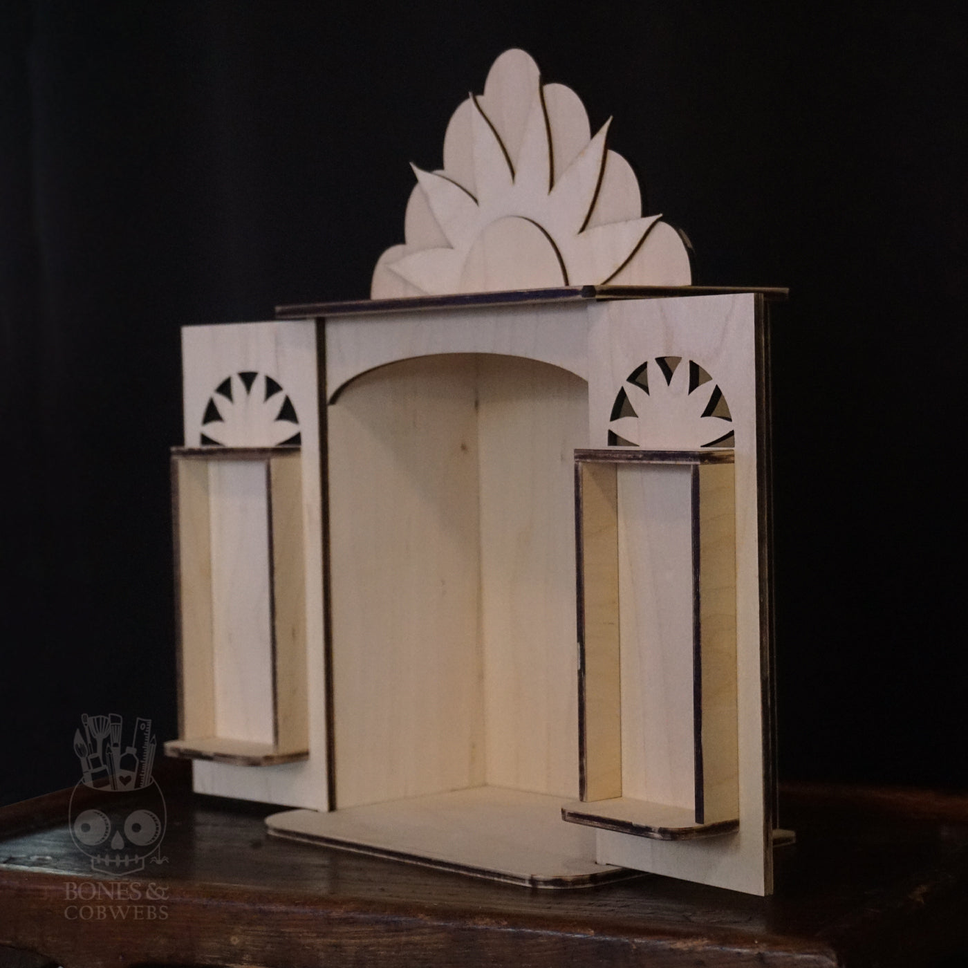 Wooden Solecito nicho, on a dark background