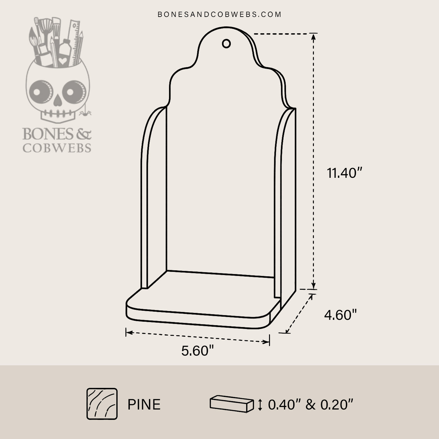 Measurement chart for a wooden product with dimensions and 'Bones & Cobwebs' branding.