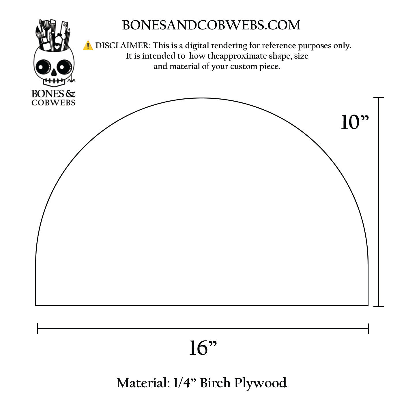 Measurement chart for a circular piece of wood with dimensions 10" and 16" and material information.