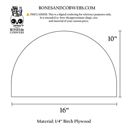 Measurement chart for a circular piece of wood with dimensions 10" and 16" and material information.