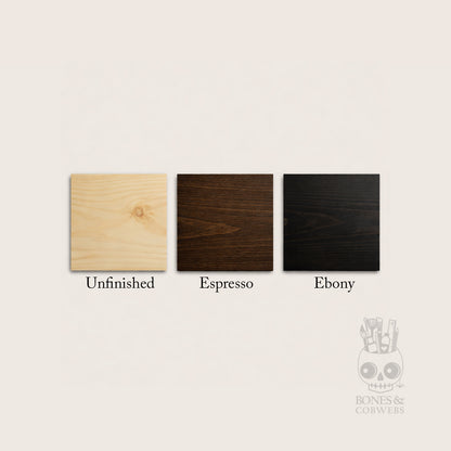 Three wood color swatches labeled 'Unfinished', 'Espresso', and 'Ebony' on a beige background.