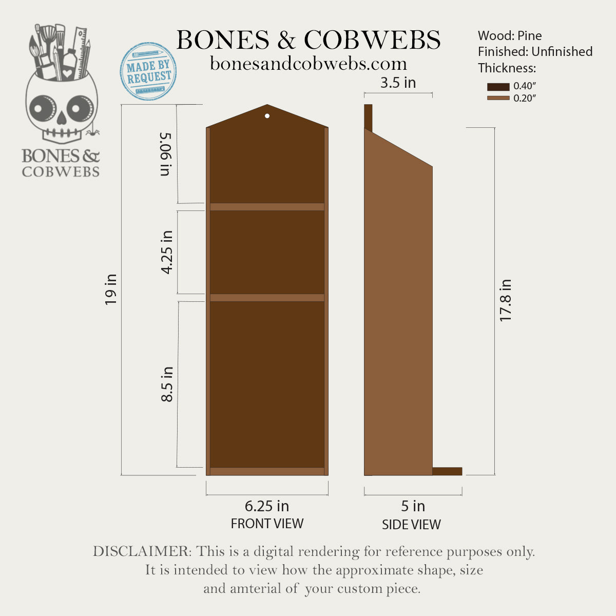 Product dimensions and details for a wooden item by Bones & Cobwebs on a white background.