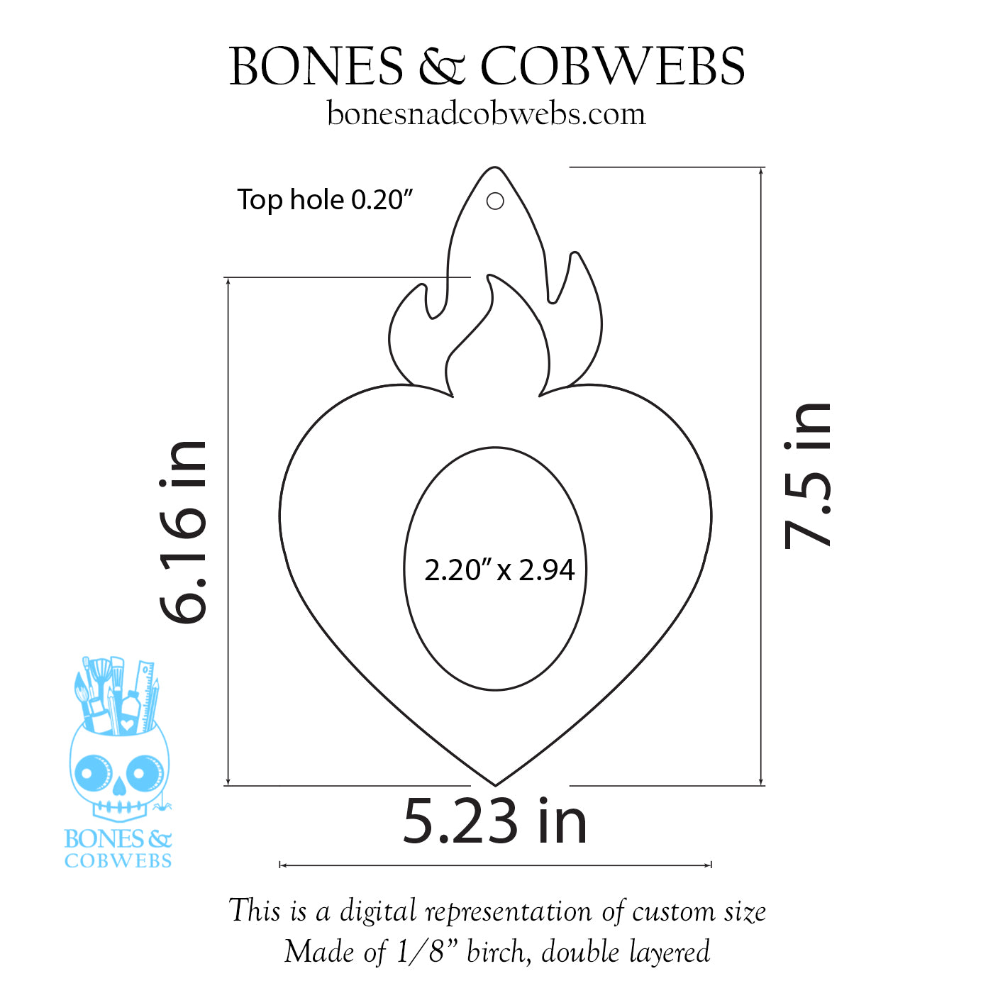Measurement chart for a heart-shaped cutout with dimensions and brand information.