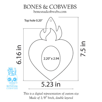 Measurement chart for a heart-shaped cutout with dimensions and brand information.