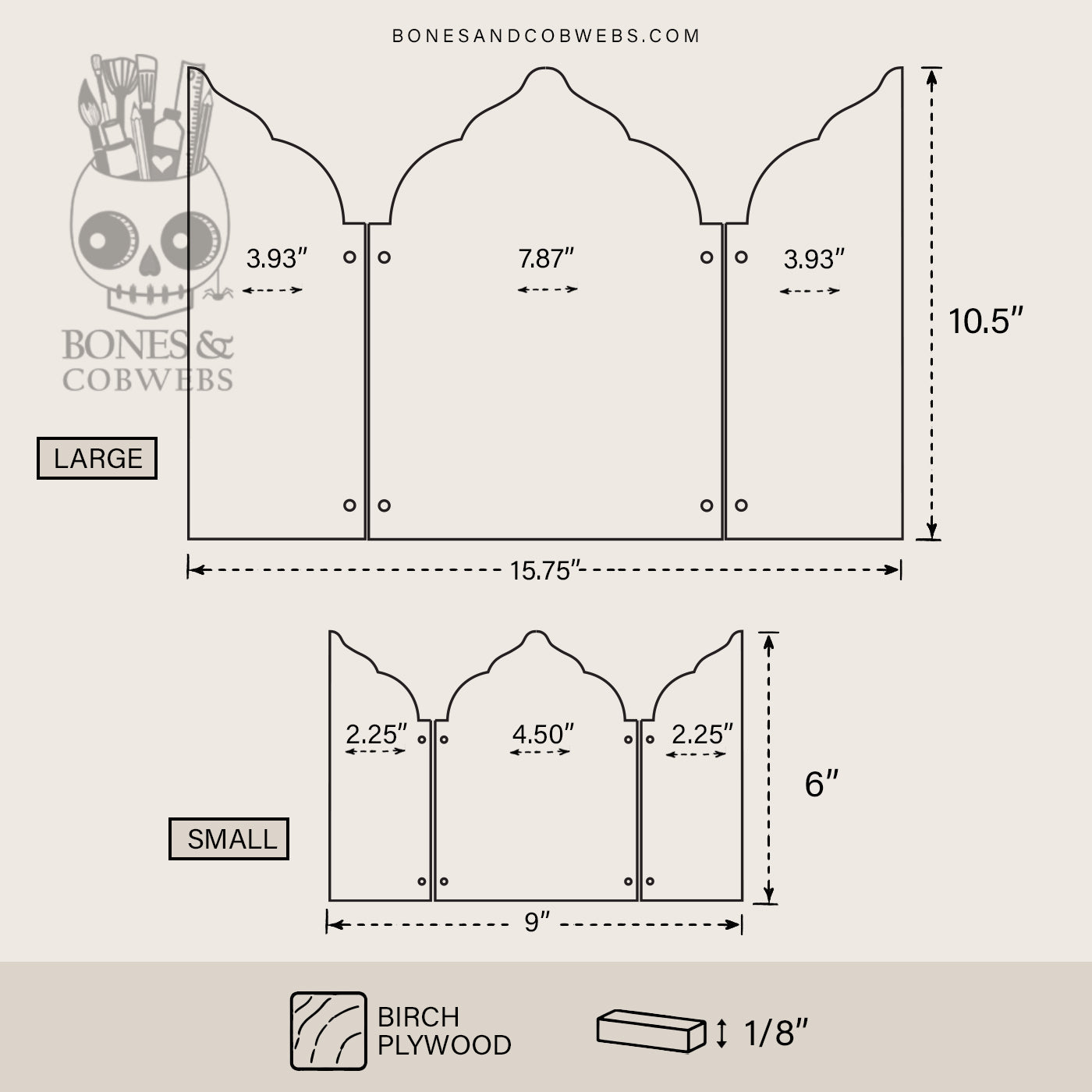Measurement chart for large and small wooden panel with dimensions and 'Bones & Cobwebs' branding.
