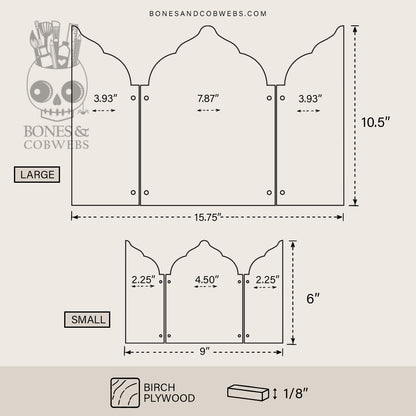 Measurement chart for large and small wooden panel with dimensions and 'Bones & Cobwebs' branding.
