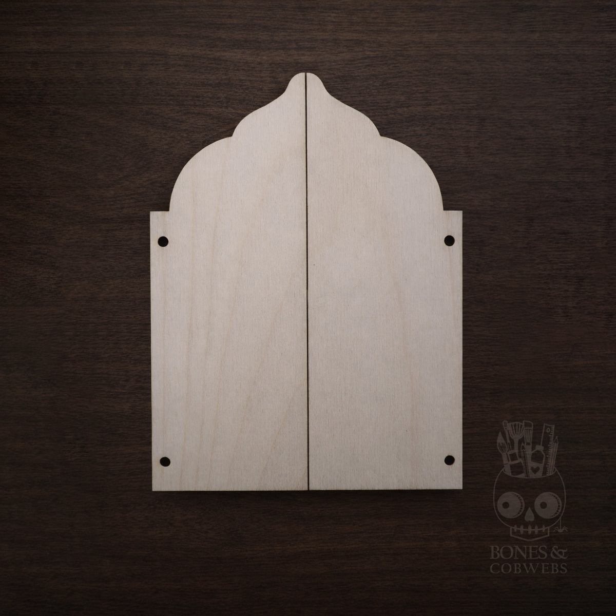 Wooden arch-shaped panel on a dark brown background with 'Bones & Cobwebs' branding.