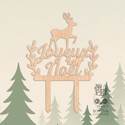 Joyeux Noël Reindeer Cake Topper – Birch Wood Christmas Decoration for Cakes, Floral Arrangements & Home Décor